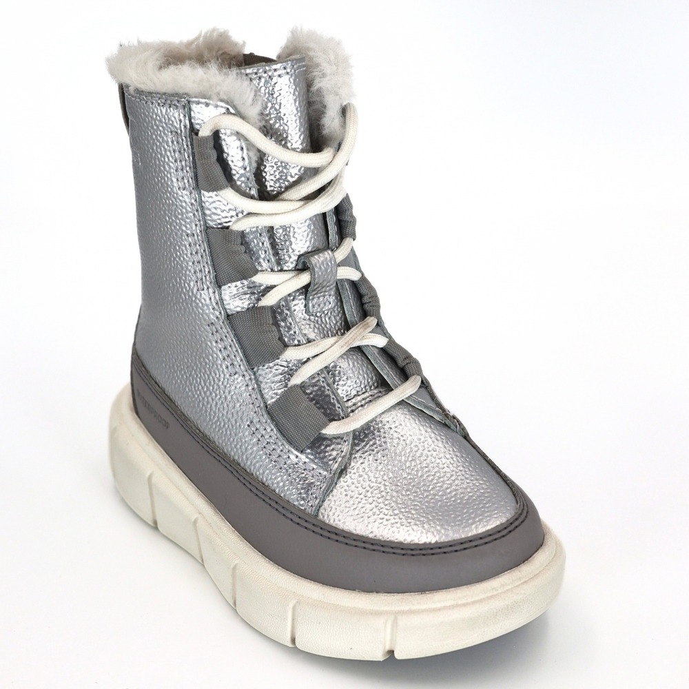 Sorel Explorer II Joan Kids 8 Silver Metallic Waterproof Faux Fur Winter Boots